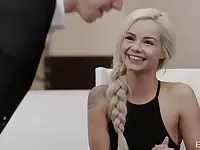 Flirty blonde babe Elsa Jean spreads legs to be fucked missionary on the table